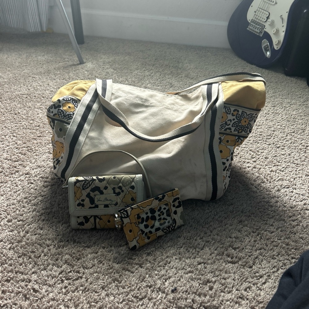 (SET OF 3) Vera Bradley Cosmetic Bag and Quilted Wallet Yellow, Black, Gray